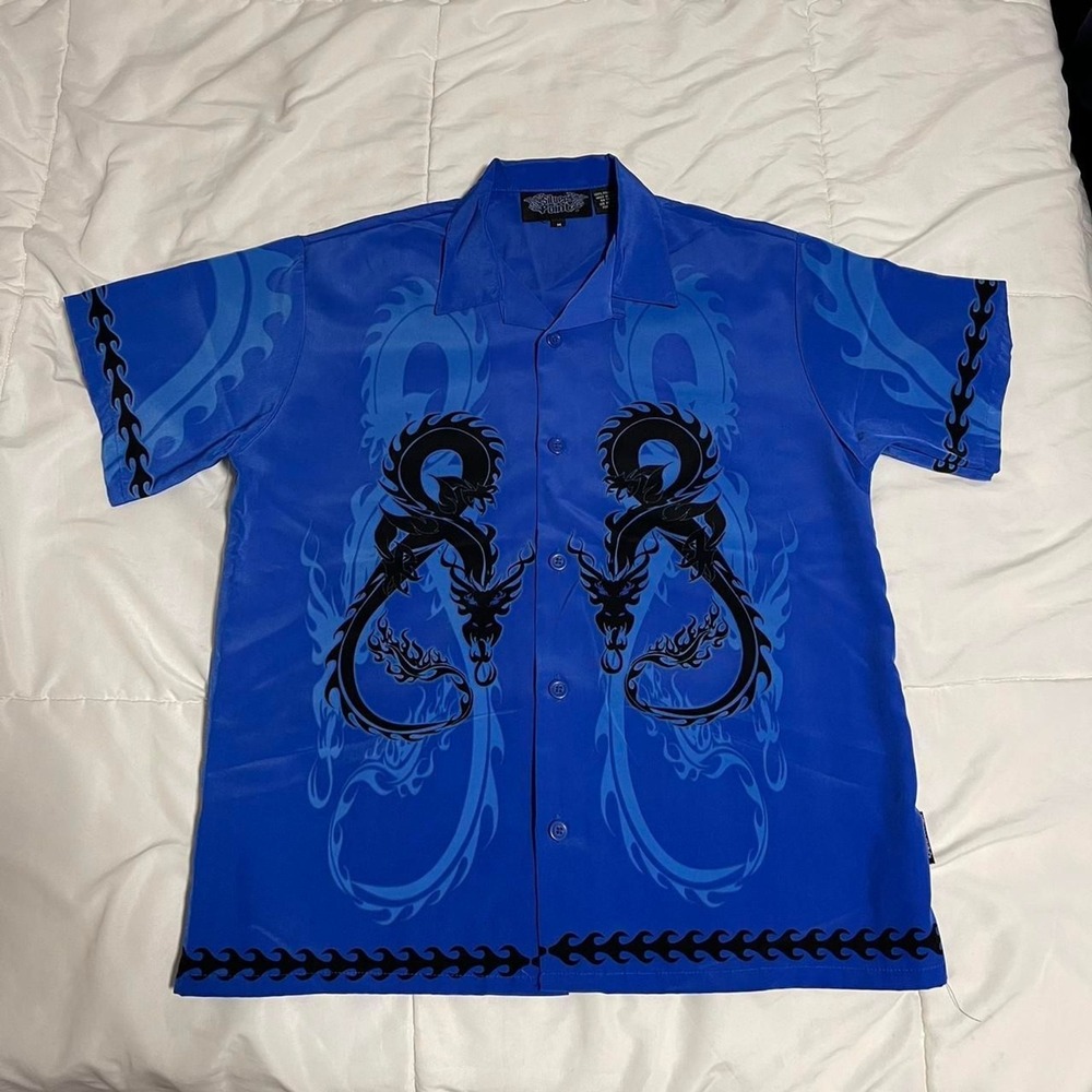 Silver Point Y2K‎ Blue Dragon Flame Button Up M